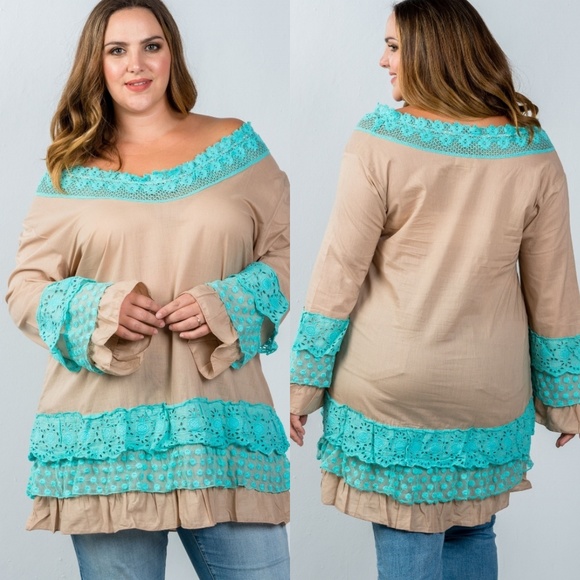 Velzera Tops - 💙PLUS Beige Tunic Top with Aqua Crochet Lace